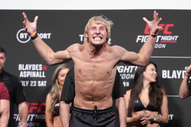 Paddy Pimblett of England poses on the scale during the UFC Fight Night ceremonial weigh-in at O2 Arena on July 22, 2022 in London, England.