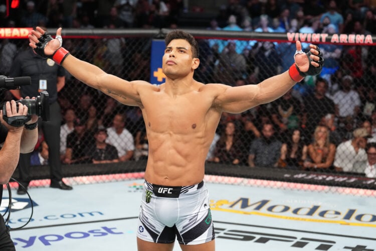 Paulo Costa of Brazil is introduced prior to facing Luke Rockhold in a middleweight fight during the UFC 278 event at Vivint Arena on August 20, 20...