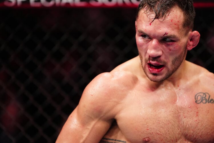 Michael Chandler reacts after his submission loss to Dustin Poirier in a lightweight bout during the UFC 281 event at Madison Square Garden on Nove...