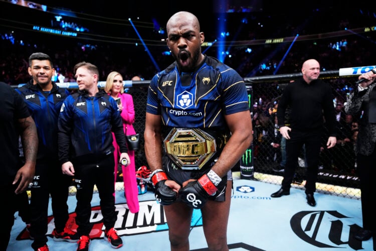 Jon Jones reacts to his win in the UFC heavyweight championship fight during the UFC 285 event at T-Mobile Arena on March 04, 2023 in Las Vegas, Ne...