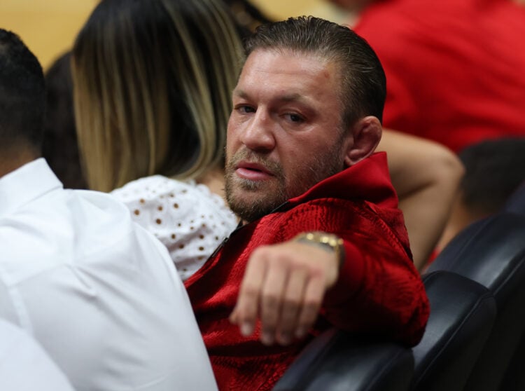 Conor McGregor is seen in attendance during Game Four of the 2023 NBA Finals between the Denver Nuggets and the Miami Heat at Kaseya Center on June...