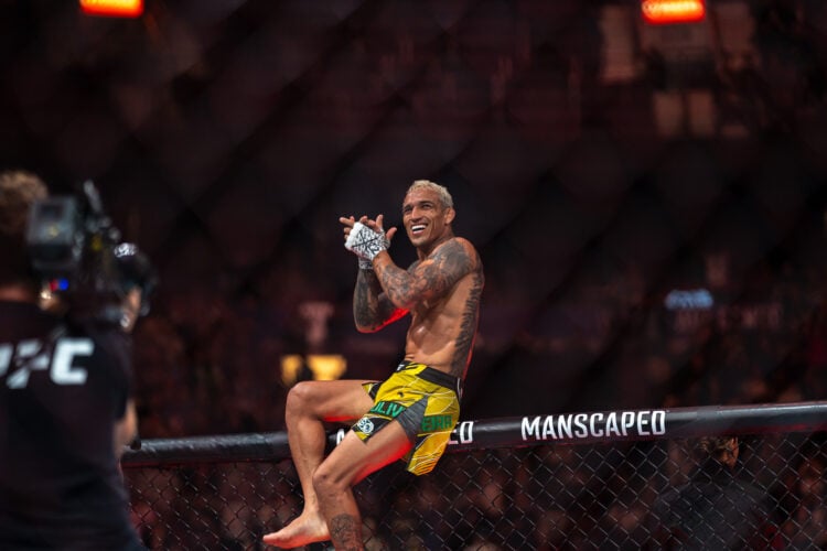 Charles Oliveira celebrates his victory over Beneil Dariush during the UFC 289 event at Rogers Arena on June 10, 2023 in Vancouver, Canada.