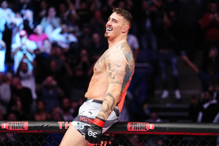 Tom Aspinall of England reacts with the crowd after defeating Marcin Tybura of Poland in their heavyweight fight during the UFC Fight Night at The ...