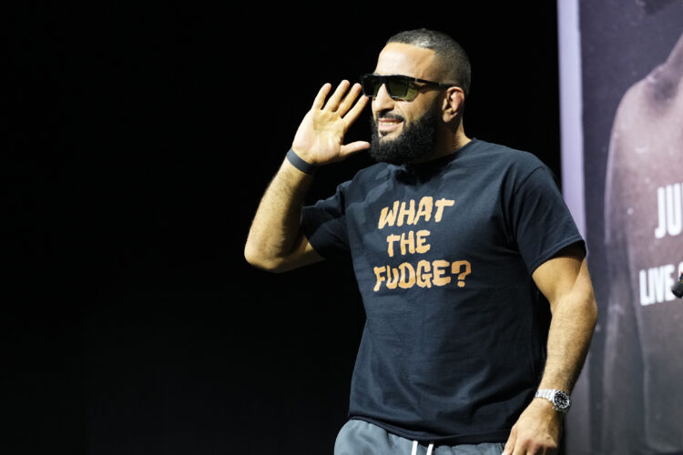 Belal Muhammad is seen on stage during a Q&A session prior to the UFC 291 ceremonial weigh-in at Delta Center on July 28, 2023 in Salt Lake Cit...