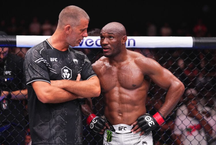 Kamaru Usman of Nigeria reacts after a decision loss against Khamzat Chimaev of the United Arab Emirates in a middleweight fight during the UFC 294...