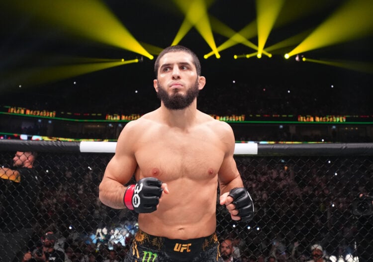 Islam Makhachev of Russia prepares to face Alexander Volkanovski of Australia in the UFC lightweight championship fight during the UFC 294 event at...