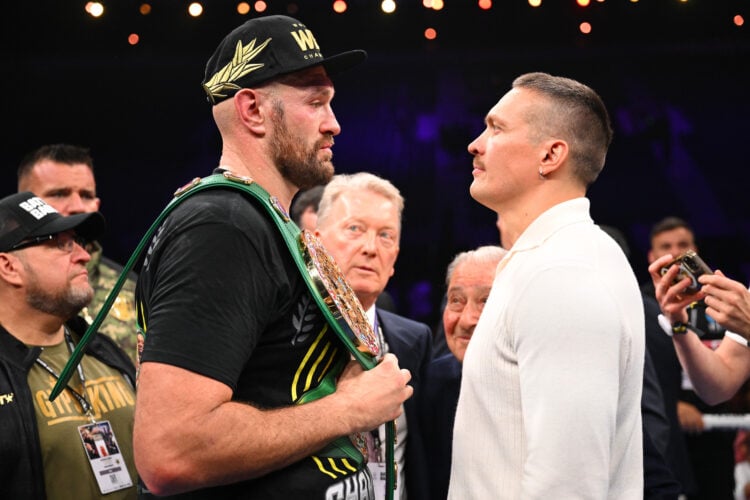 Tyson Fury and Oleksandr Usyk face off after the Heavyweight fight between Tyson Fury and Francis Ngannou at Boulevard Hall on October 28, 2023 in ...