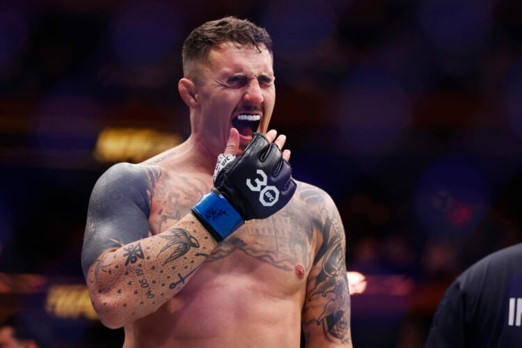 Tom Aspinall of England prepares to face Sergei Pavlovich of Russia in the interim UFC heavyweight championship fight during the UFC 295 event at M...