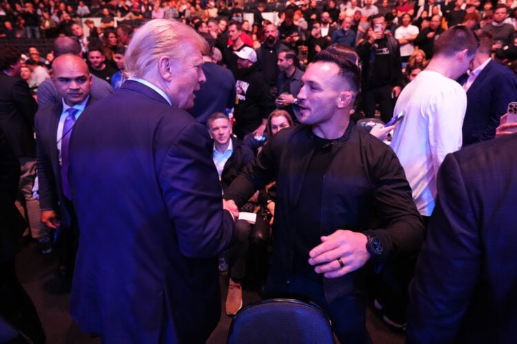 Michael Chandler greets Donald Trump during the UFC 295 event at Madison Square Garden on November 11, 2023 in New York City.