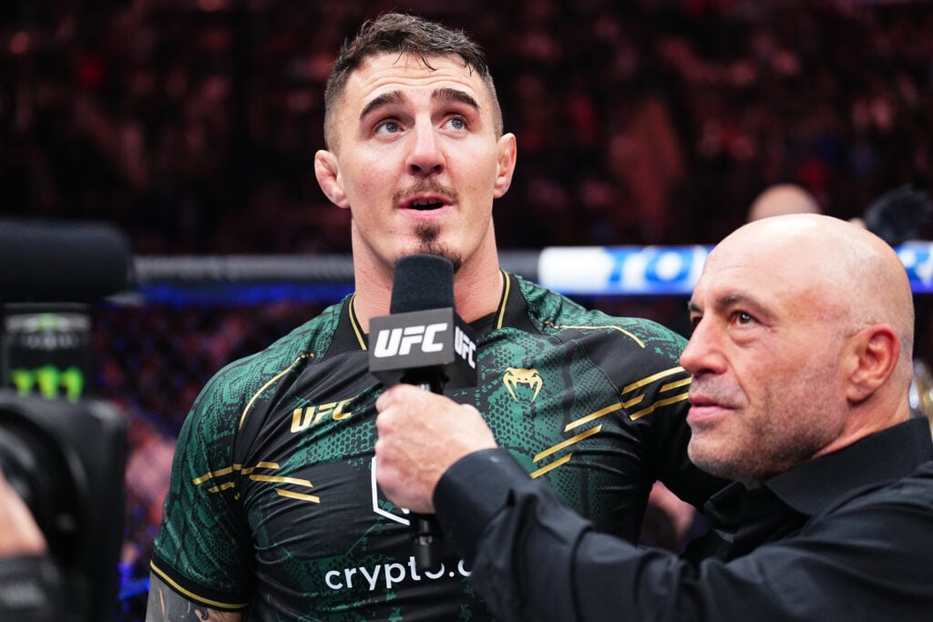 Tom Aspinall speaks to Joe Rogan after knocking out Sergei Pavlovich at UFC 295