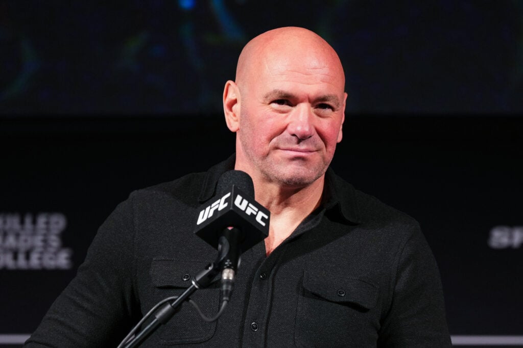 Dana White is seen on stage during the UFC 297 press conference