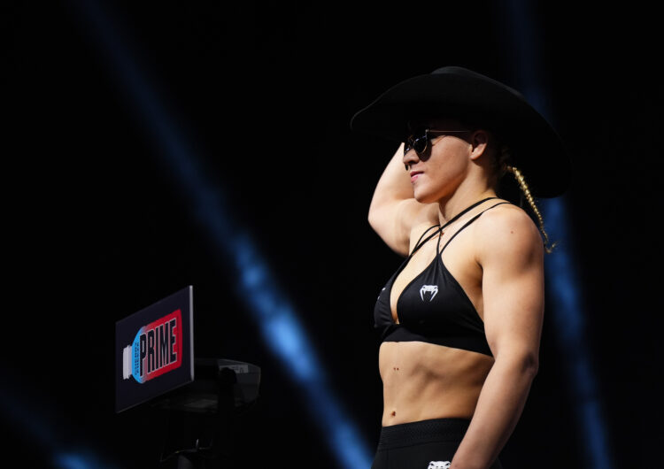 Miranda Maverick poses on the scale during the UFC 298 ceremonial weigh-in at Honda Center on February 16, 2024 in Anaheim, California.