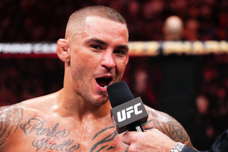 Dustin Poirier reacts after his victory against Benoit Saint Denis of France in a lightweight fight during the UFC 299 event at Kaseya Center on Ma...