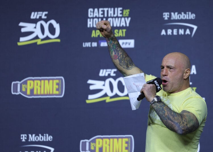 Joe Rogan MC's during the UFC 300 ceremonial weigh-in at MGM Grand Garden Arena on April 12, 2024 in Las Vegas, Nevada.