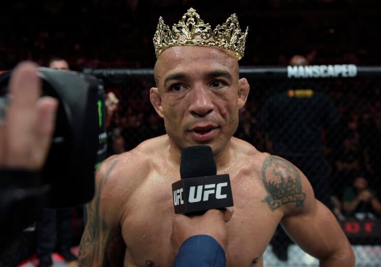 Jose Aldo of Brazil reacts after his victory against Jonathan Martinez in a bantamweight bout during the UFC 301 event at Farmasi Arena on May 04, ...