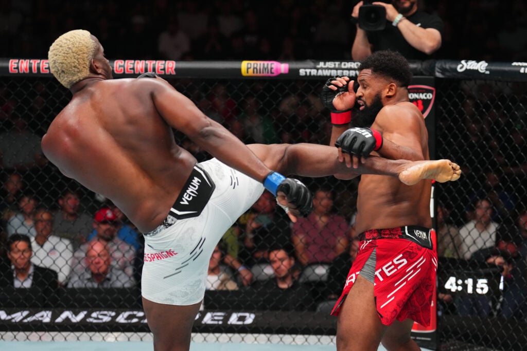 (L-R) Robelis Despaigne of Cuba kicks Waldo Cortes-Acosta of the Dominican Republic in a heavyweight fight during the UFC Fight Night event at Ente...