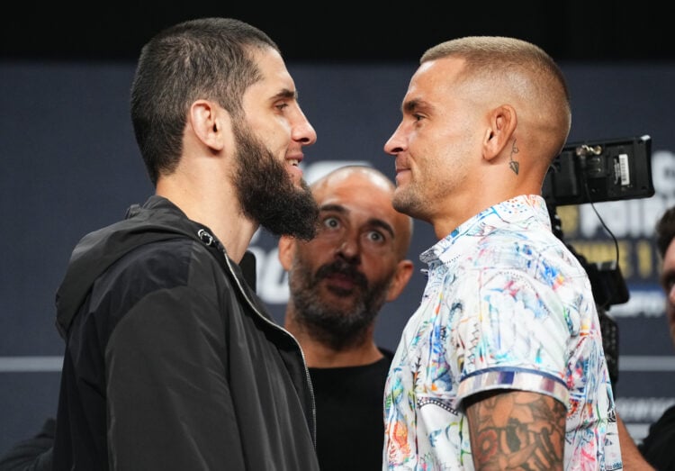 (L-R) Opponents Islam Makhachev of Russia and Dustin Poirier face off during the UFC 302 press conference at Prudential Center on May 30, 2024 in N...