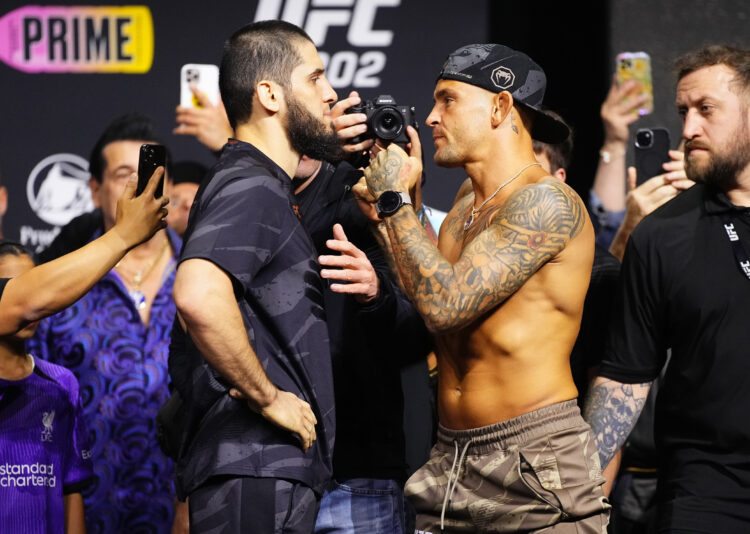 (L-R) Opponents Islam Makhachev of Russia and Dustin Poirier face off during the UFC 302 ceremonial weigh-in at Prudential Center on May 31, 2024 i...