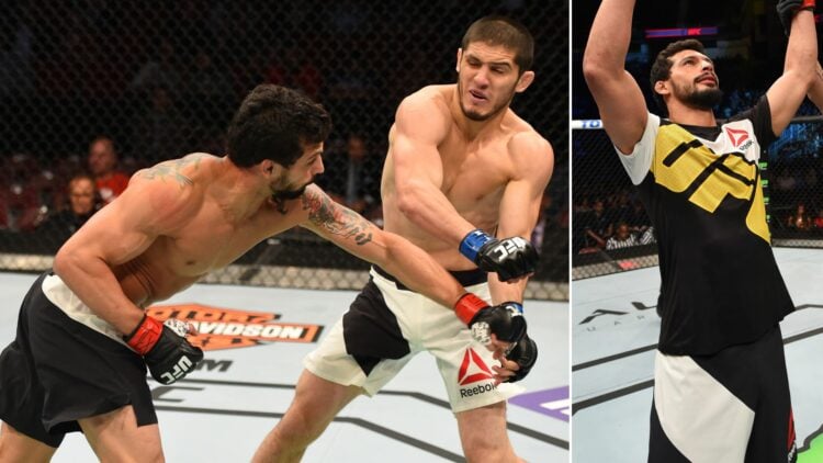 Composite image showing Adriano Martins punching Islam Makhachev and being declared the winner of their fight at UFC 192