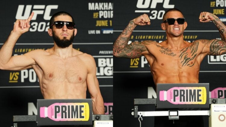 Composite image showing Islam Makhachev (left) and Dustin Poirier (right) weighing in at a UFC event with a Prime drink sponsored scale