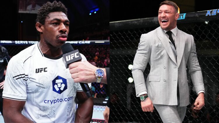 Compound picture with two slides. Left is Joaquin Buckley in a white UFC t-shirt with Crypto.com advertising speaking into a UFC microphone. Right ...