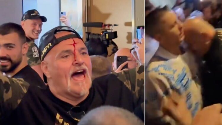 Composite image Left slide shows John Fury bleeding with his mouth open as Tyson Fury in the background smiles looking on Right shows John Fury hea...