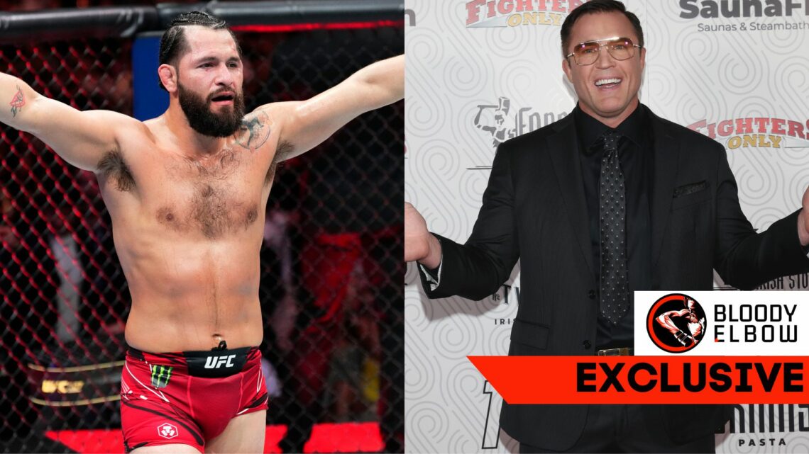 Composite image: Left shows Jorge Masvidal in red UFC gear with arms aloft Right shows Chael Sonnen in a black suit with his hands out
