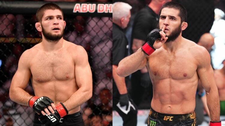 Composite image showing Khabib Nurmagomedov (left) and Islam Makhachev (right) during UFC fights