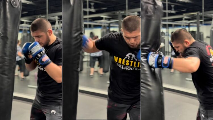 Composite image with three slides showing Khabib Nurmagomedov punching an heavy bag