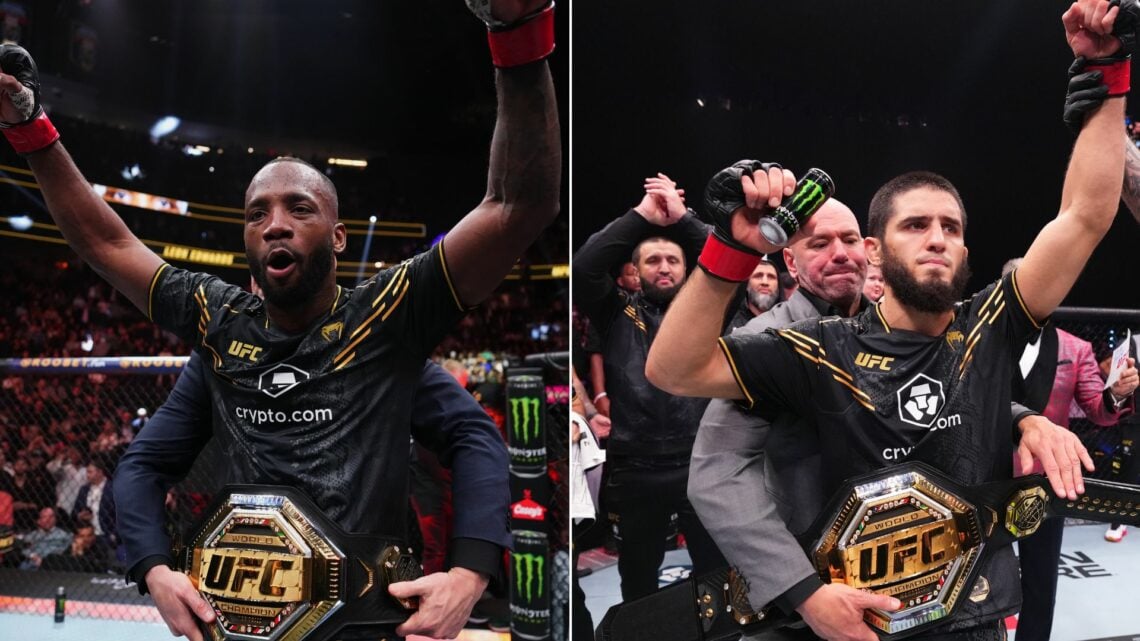 Composite image that shows Leon Edwards (left) and Islam Makhachev (right) celebrating their UFC title wins as the belt is being wrapped around the...