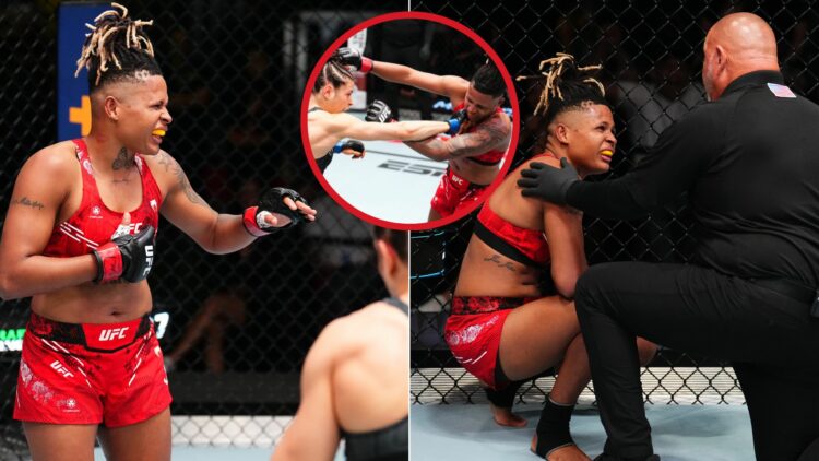 Composite image showing Tamires Vidal complaining of an injury during a UFC fight in both slides. The bubble in the centre shows her receiving a pu...