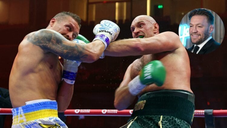 Oleksandr Usyk and Tyson Fury punching eachother in a boxing match (Circular frame on top right shows Conor McGregor)