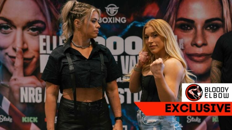 Paige VanZant stares down Elle Brooke during a media event, with text overlay to indicate this photo is attached to a Bloody Elbow exclusive story