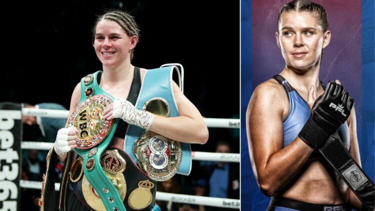 Composite image showing Savannah Marshall with her boxing belts (left) and in her PFL MMA gear (right)