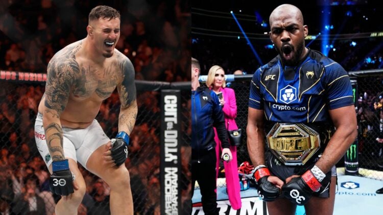 Composite image Left shows Tom Aspinall in white UFC gear shouts as he stands in a UFC octagon Right shows Jon Jones in a blue t-shirt flexing whil...