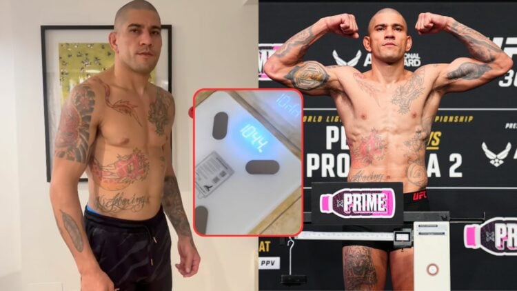 Composite image showing Alex Pereira after (left) and during (right) weigh-ins for UFC 303, with a box in the middle showing his weight after