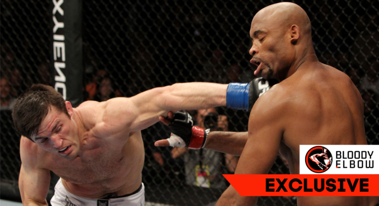 Chael Sonnen punches Anderson Silva in their first UFC fight, with text written over that reads 'Bloody Elbow EXCLUSIVE'