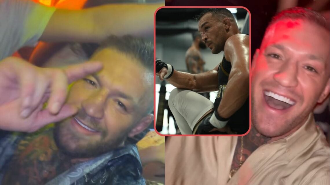 Composite image with two photos of Conor McGregor partying on different nights, with a box centre-right showing Michael Chandler training