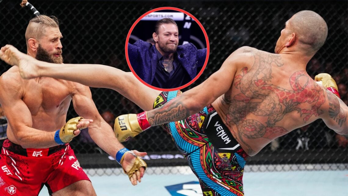 Main image shows Alex Pereira head-kicking Jiri Prochazka. Bubble shows Conor McGregor