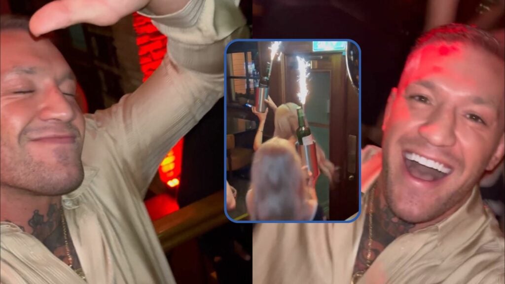 Composite image showing Conor McGregor during a night at a bar. Block slightly right of center shows bottle service girls at the party