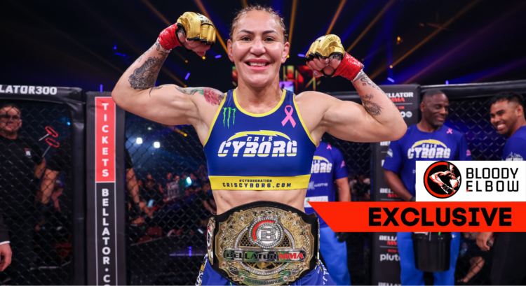 Cris Cyborg with her Bellator title, overlay text reads: 'Bloody Elbow EXCLUSIVE'