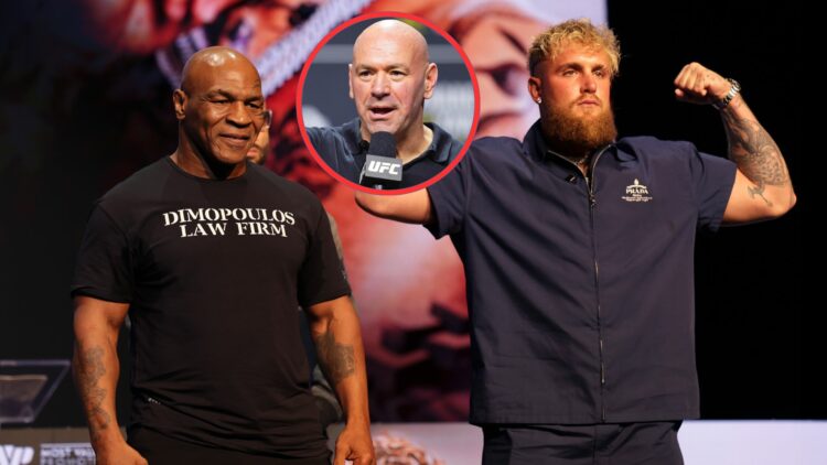 Composite image showing Mike Tyson and Jake Paul, with a bubble featuring UFC president Dana White