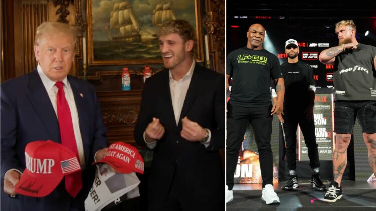Composite image showing Donald Trump and Logan Paul in one slide and Mike Tyson and Logan Paul in the right slide