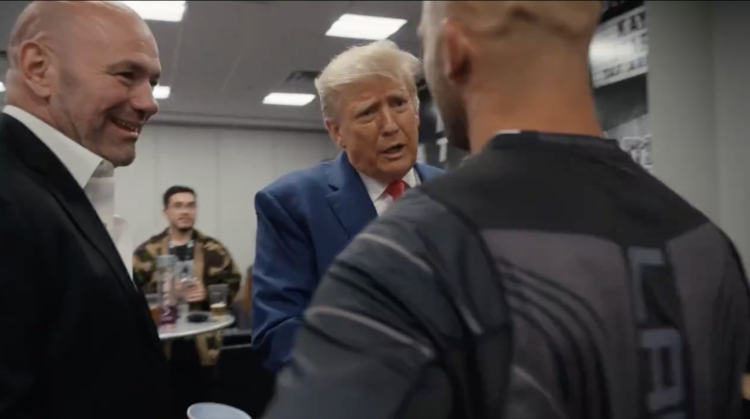 Dana White and Donald Trump speak with Robbie Lawler after UFC 290