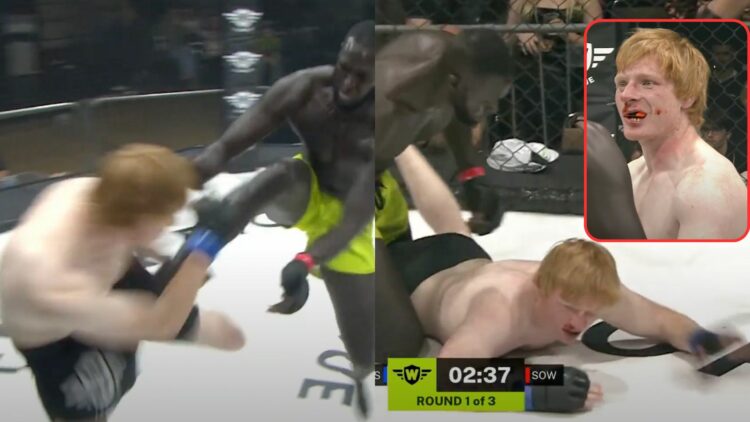 Composite image with three photos of Ty Jones, who is an Ed Sheeran impersonator, being knocked out by Papa Sow; a Stormzy impersonator