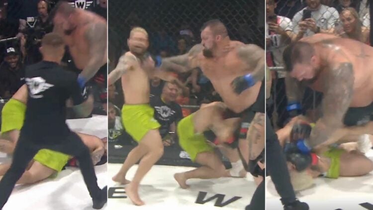 Composite image with three slides showing Eddie Hall knocking out the Neffati Brothers
