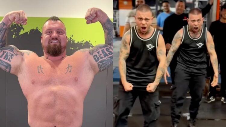 Composite image showing Eddie Hall and the Neffati Brothers flexing their muscles
