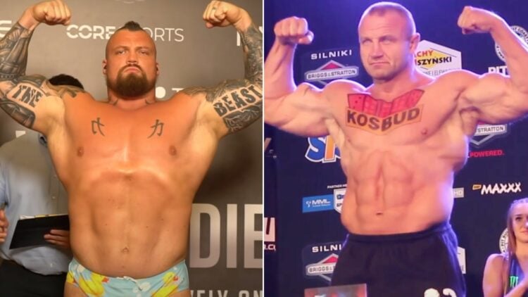 Composite image showing Eddie Hall and Mariusz Pudzianowski flexing during fight weigh-ins