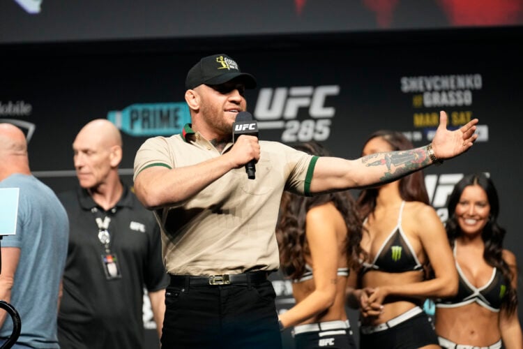 Conor McGregor speaks with the fans following the face-off at the ceremonial weigh-ins at MGM Grand Garden Arena for UFC 285 -Jones vs Gane : Cerem...