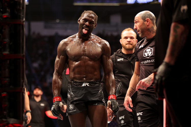 Jared Cannonier reacts after winning his middleweight fight against Derek Brunson via a second-round knockout during UFC 271 at Toyota Center on Fe...